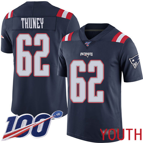 New England Patriots Football #62 100th Season Rush Vapor Limited Navy Blue Youth Joe Thuney NFL Jersey->youth nfl jersey->Youth Jersey